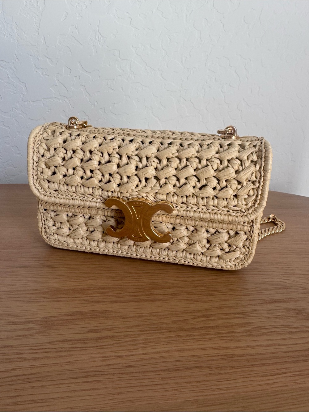 Celine Raffia Triomphe Crossbody in Natural Beige with Gold Hardware
